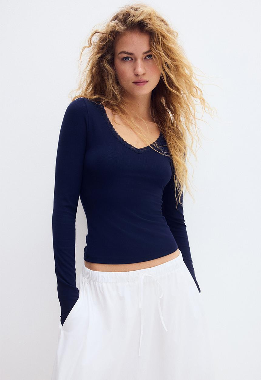 H&M - Lace-trimmed jersey top - dark blue