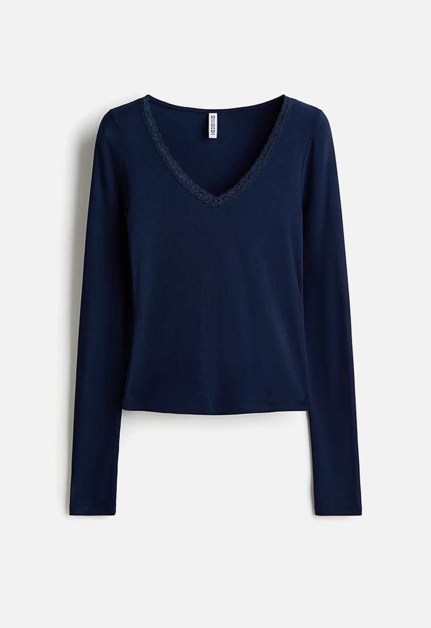 H&M - Lace-trimmed jersey top - dark blue