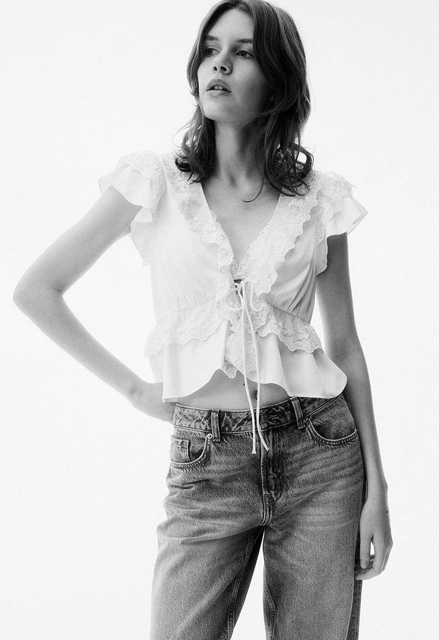 H&M - Flounce-trimmed satin blouse - cream