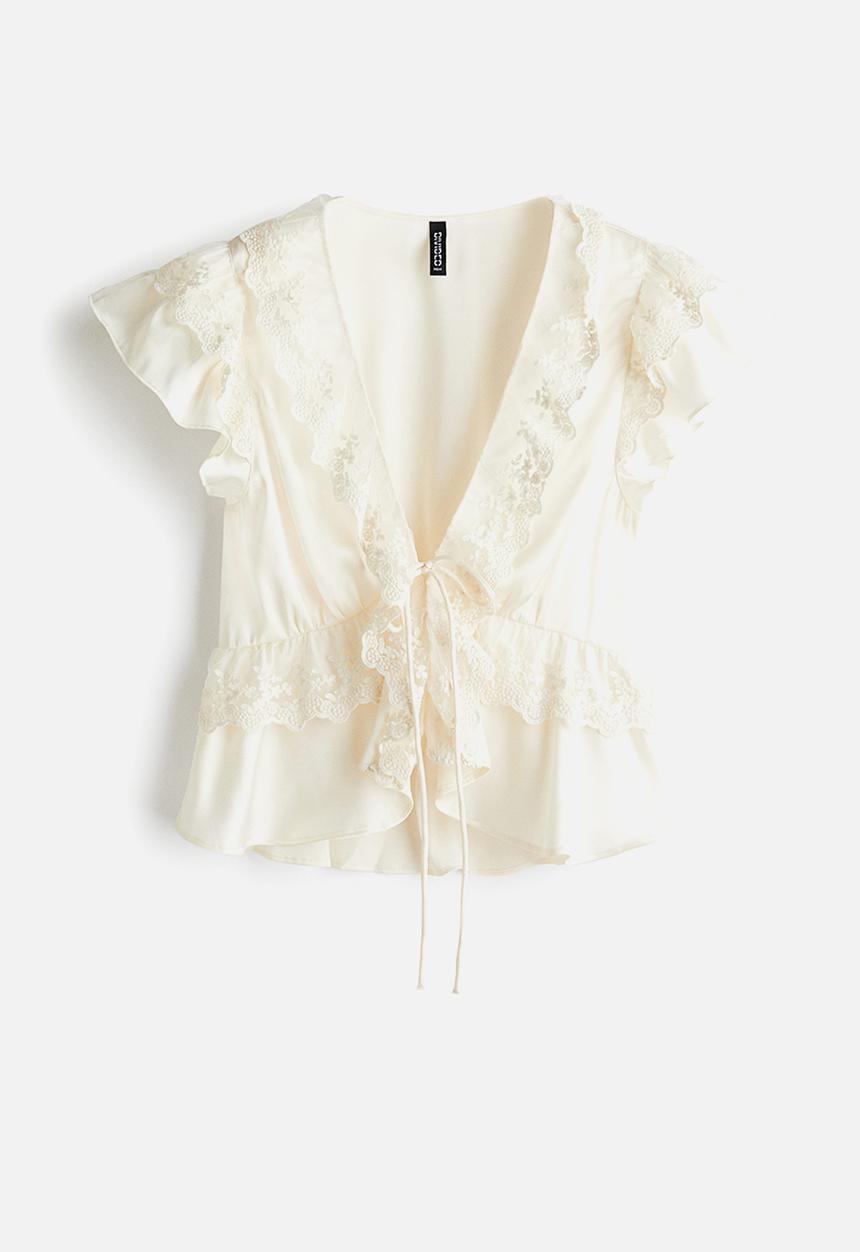 H&M - Flounce-trimmed satin blouse - cream