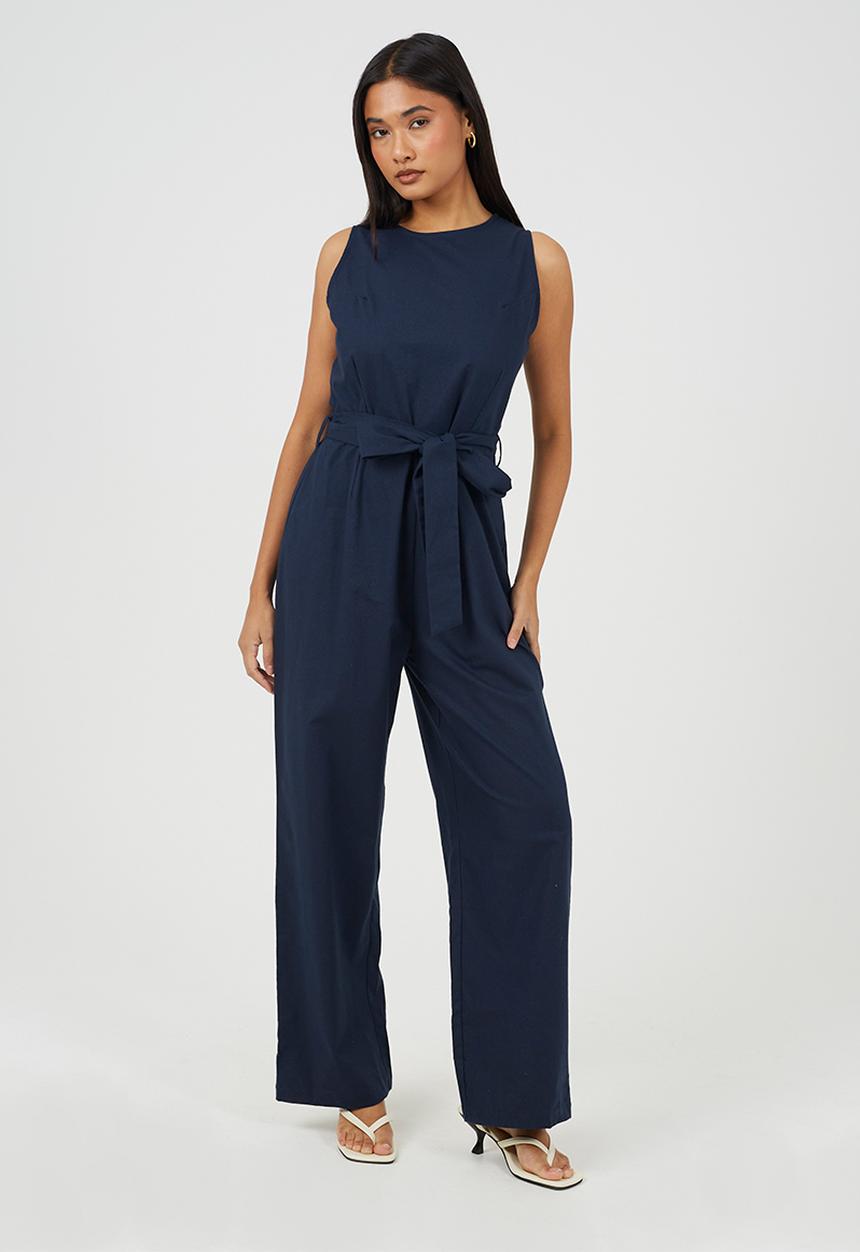 Brave Soul - Ladies Woven Jumpsuit With Tie Waist Detail - Navy