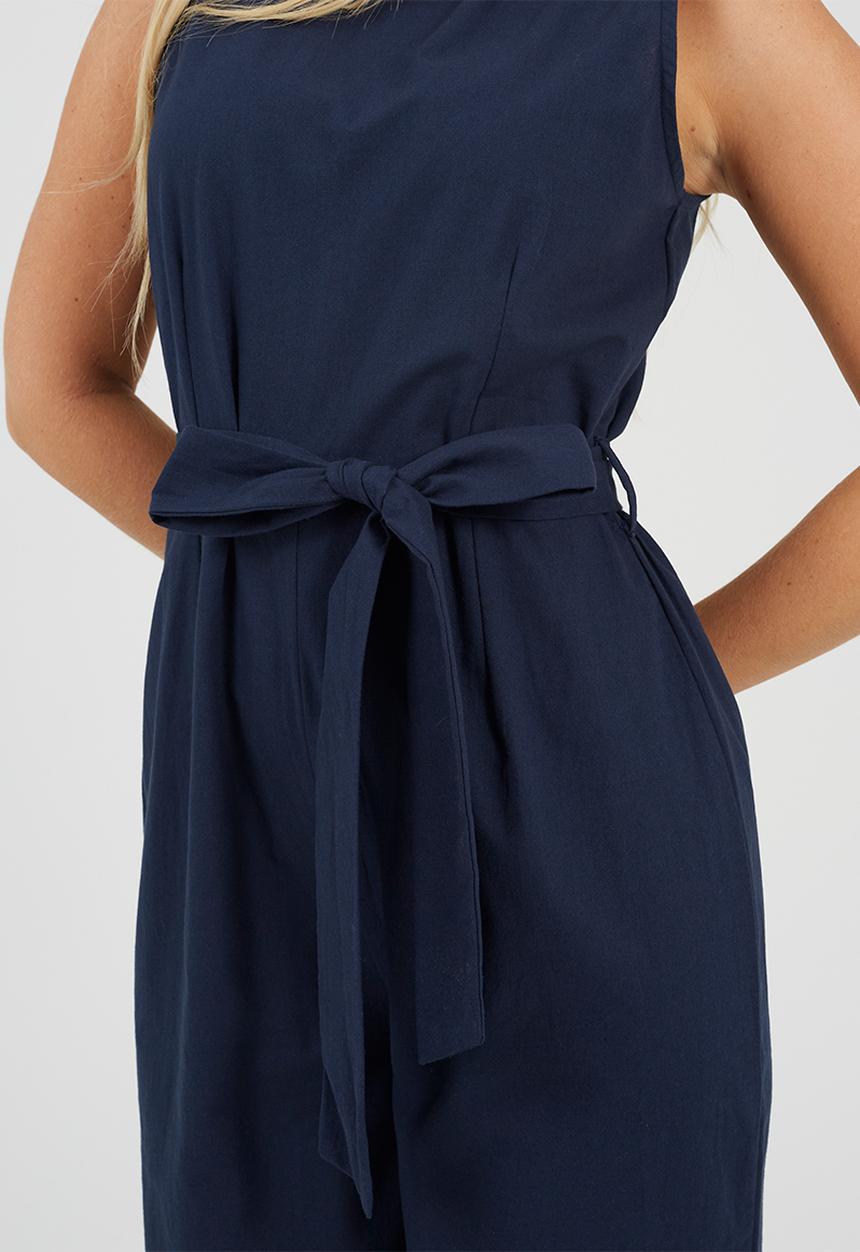 Brave Soul - Ladies Woven Jumpsuit With Tie Waist Detail - Navy