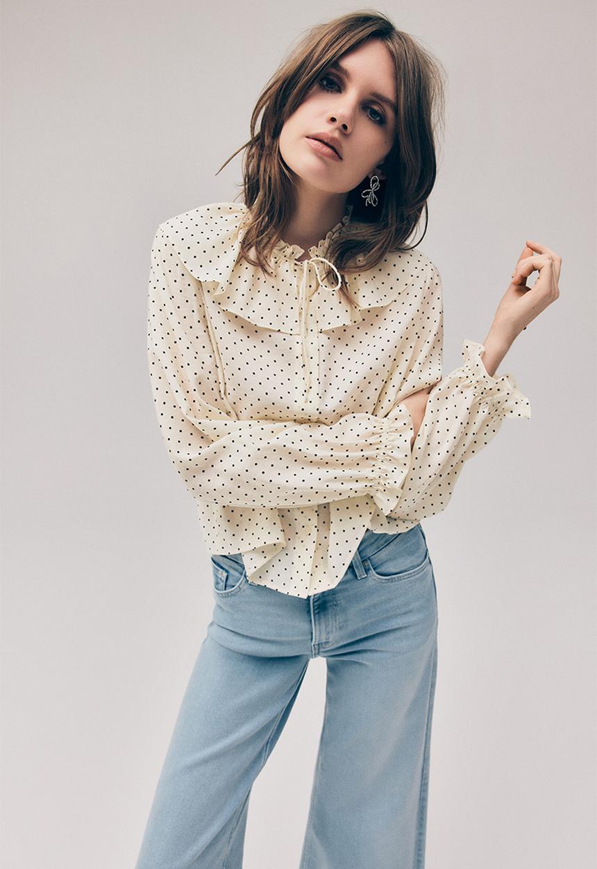 H&M - Frill-trimmed blouse - light beige/spotted