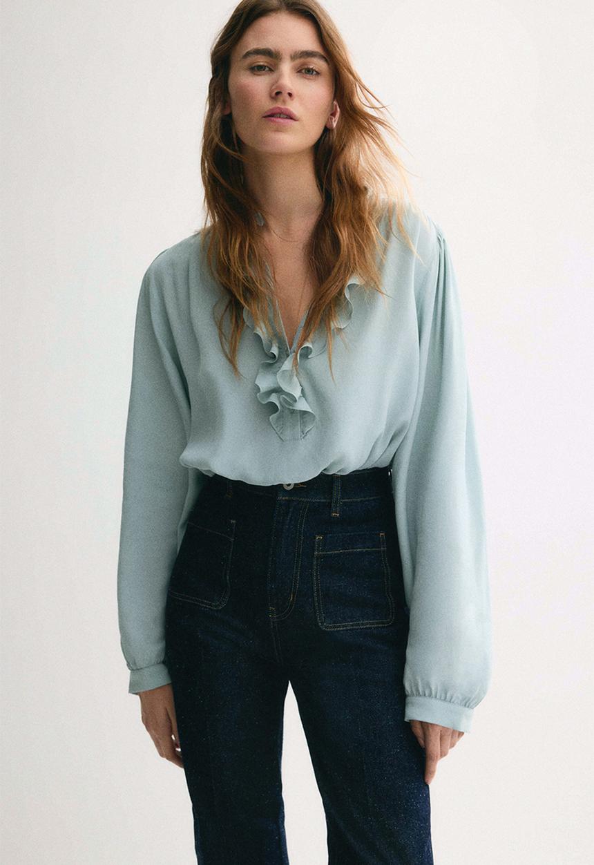 H&M - Frill-collared viscose blouse - light turquoise
