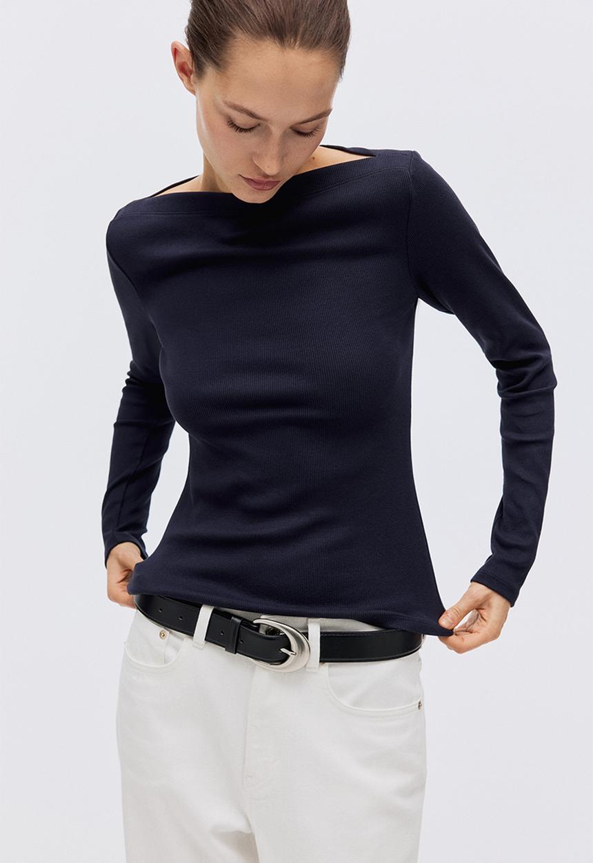H&M - Ribbed boat-neck top - navy blue