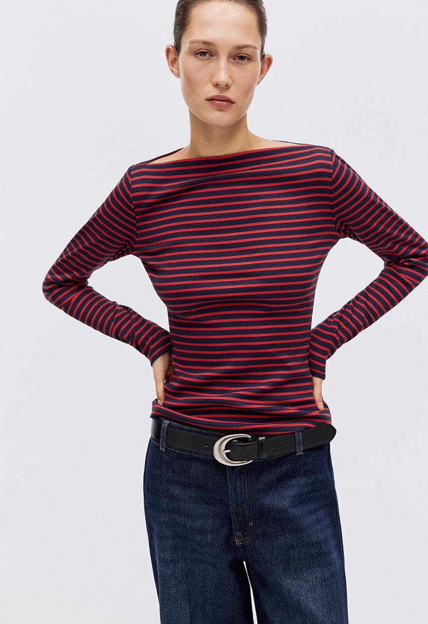 H&M - Ribbed boat-neck top - red/striped