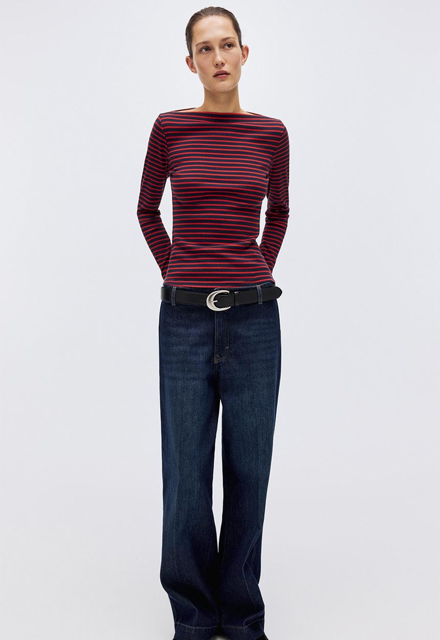 H&M - Ribbed boat-neck top - red/striped