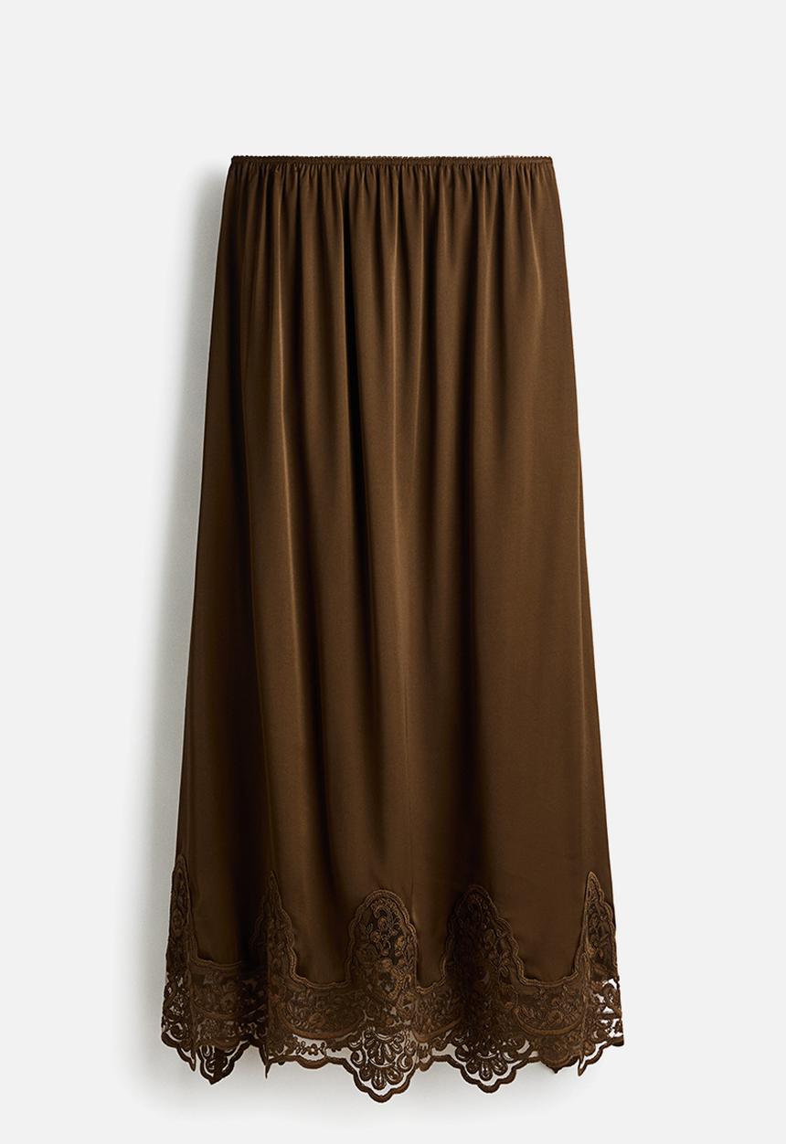 H&M - Lace-trimmed satin skirt - brown