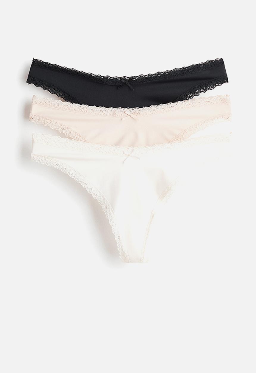 H&M - 3-pack lace-trimmed thong briefs - black/powder pink/white