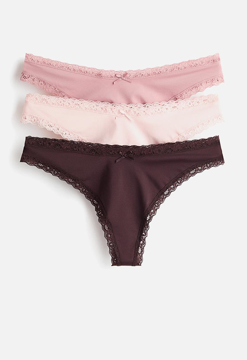 H&M - 3-pack lace-trimmed thong briefs - dark brown/pink/light pink