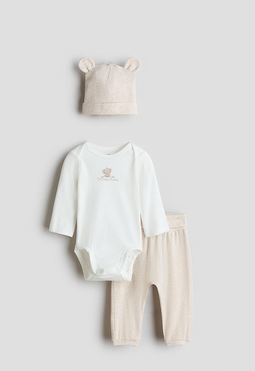 H&M - 3-Piece cotton jersey set - beige/i'm new here