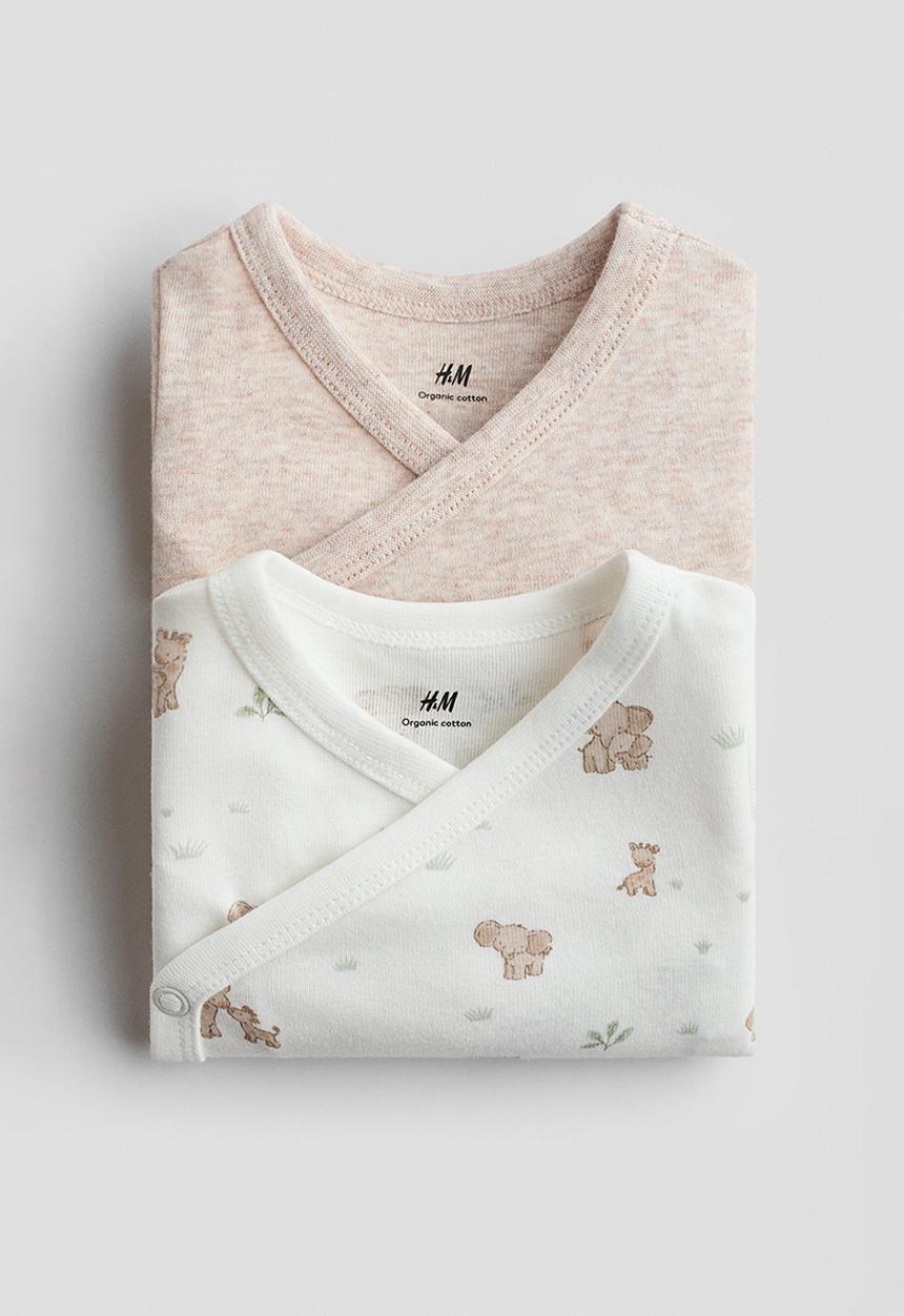 H&M - 2-pack cotton wrapover bodysuits - light beige/animals