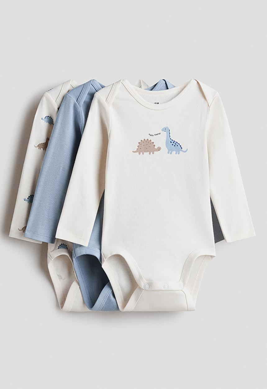 H&M - 3-pack printed jersey bodysuits - blue/dinosaurs