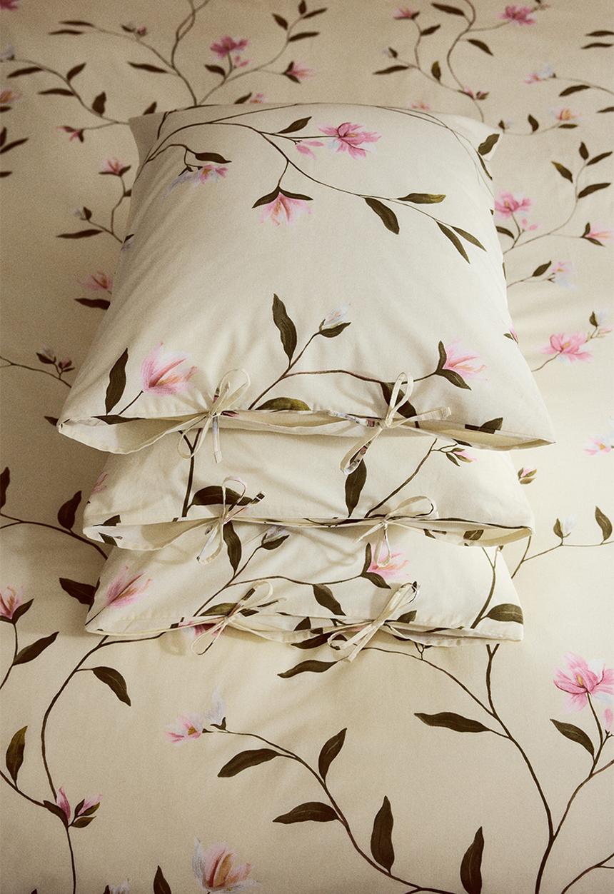 H&M - Cotton double/king duvet cover set - light beige/floral