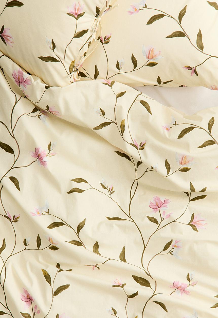 H&M - Cotton double/king duvet cover set - light beige/floral