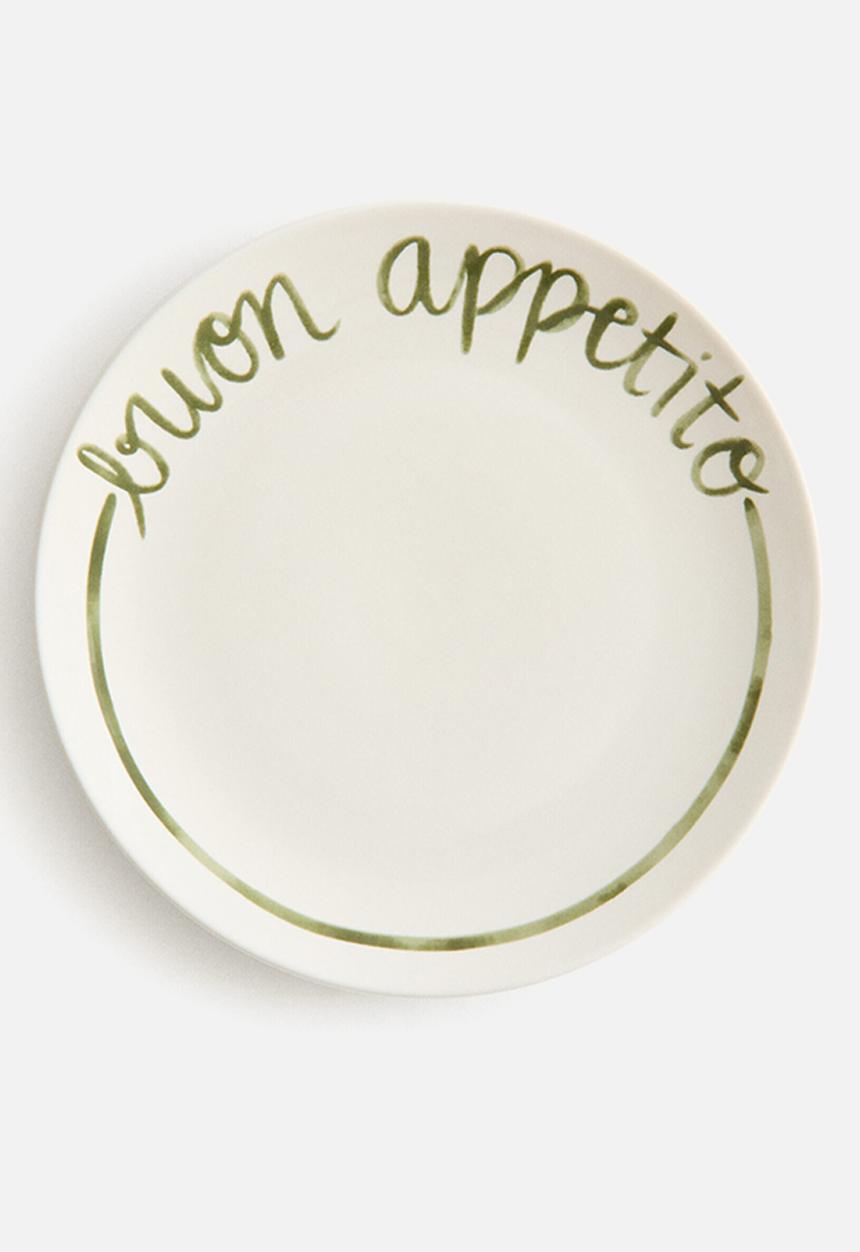 H&M - Text-motif porcelain medium plate - white/buon appetito