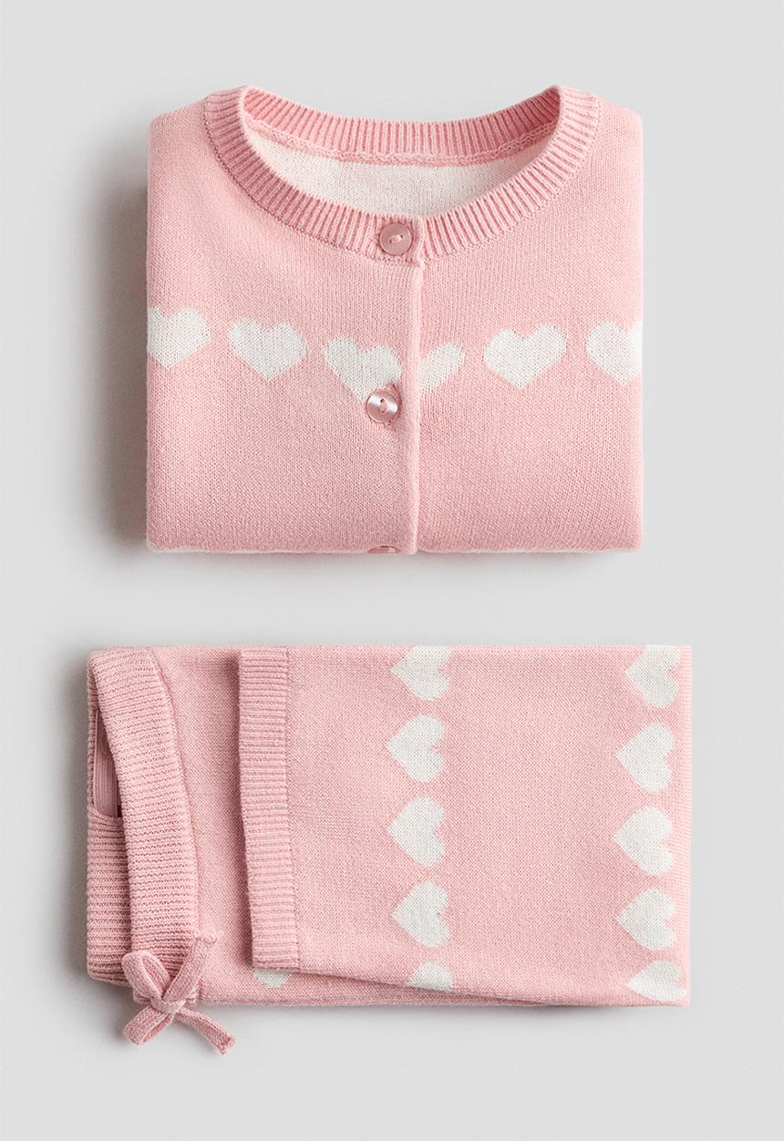 H&M - 2-Piece fine-knit cotton set - light pink/hearts
