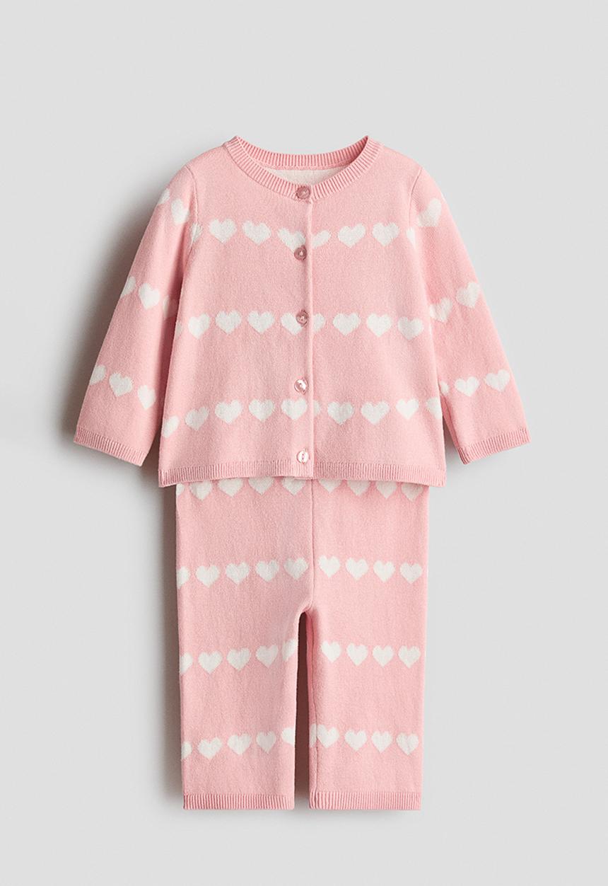 H&M - 2-Piece fine-knit cotton set - light pink/hearts