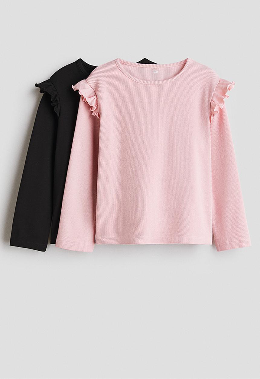 H&M - 2-Pack frill-trimmed jersey tops - black/light pink