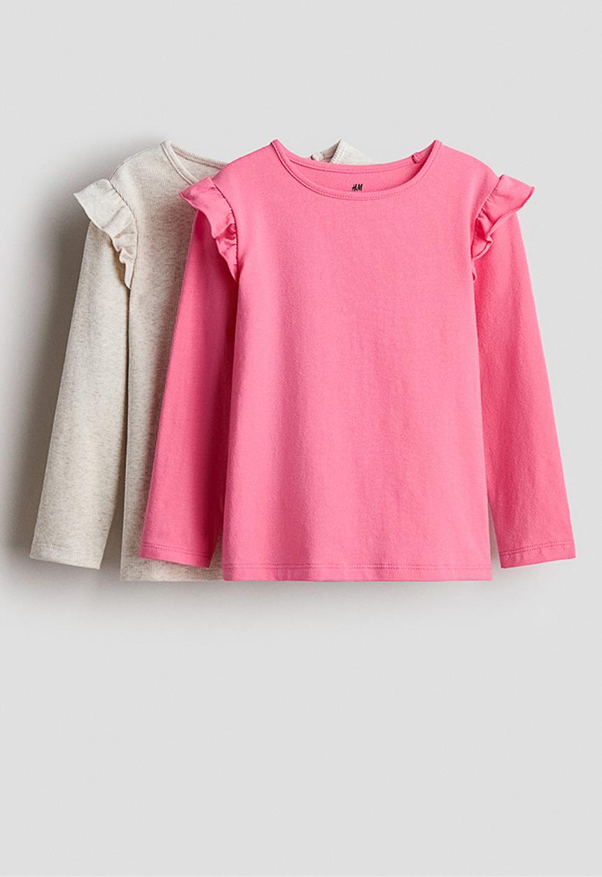 H&M - 2-Pack frill-trimmed jersey tops - light beige marl/hot pink
