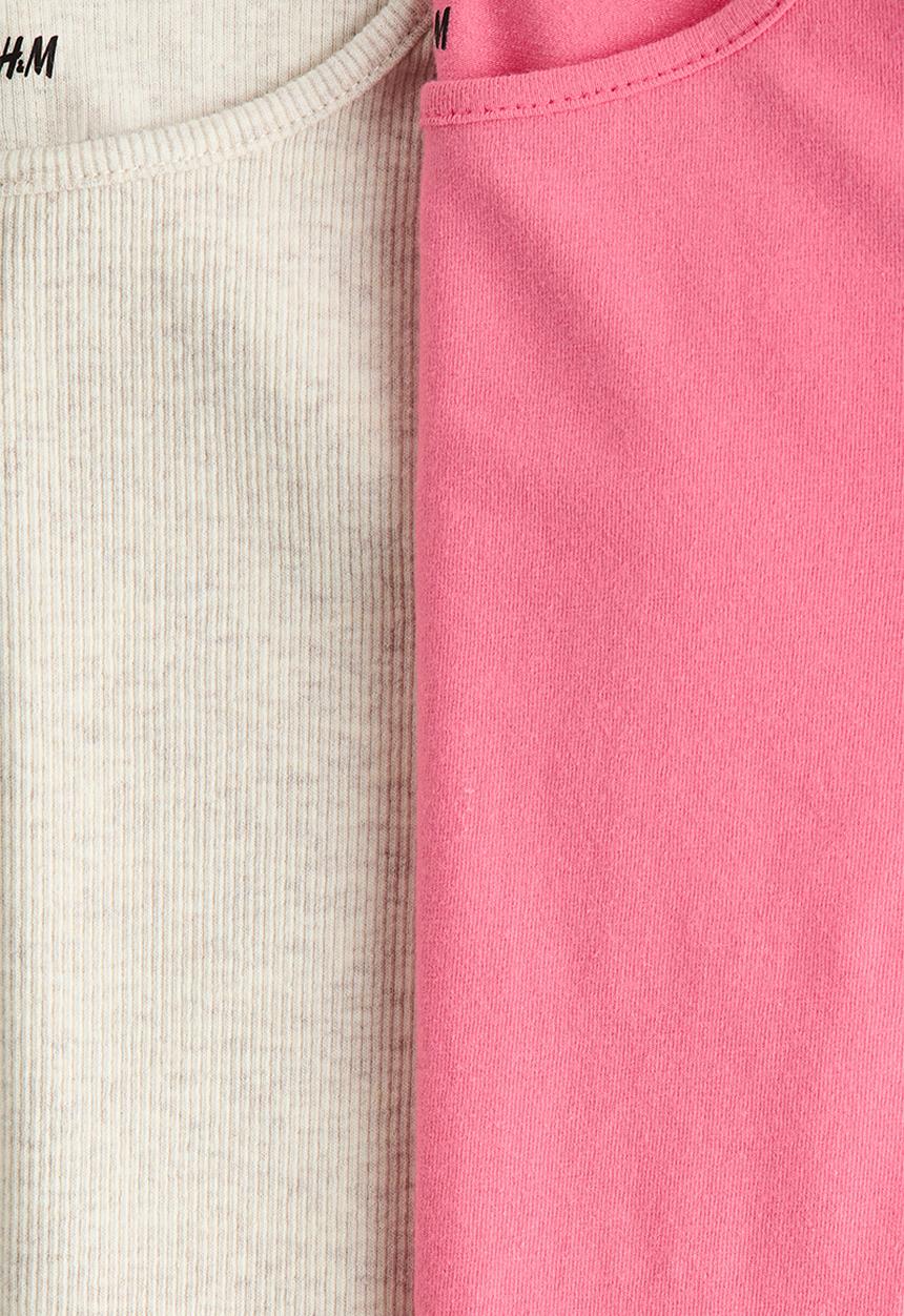 H&M - 2-Pack frill-trimmed jersey tops - light beige marl/hot pink