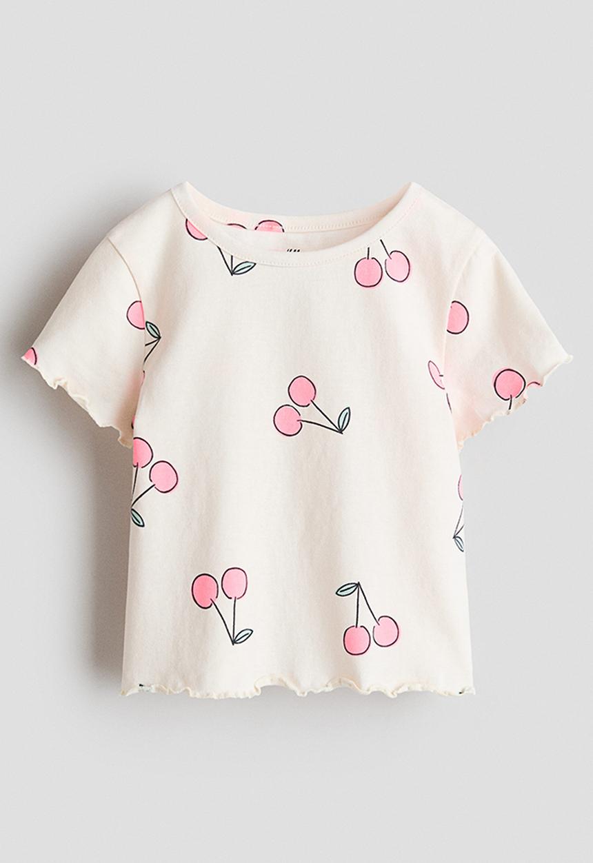 H&M - Overlock-detail cotton top - cream/cherries