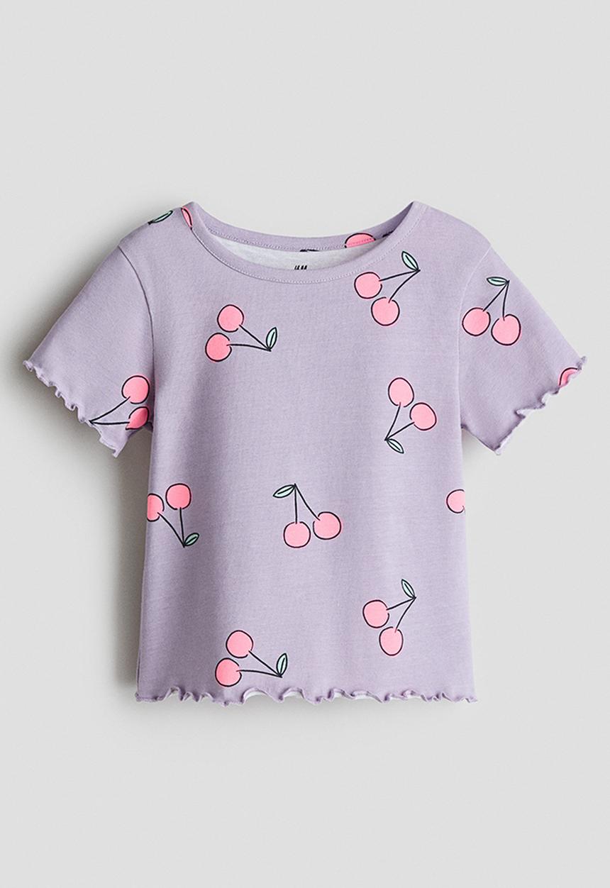 H&M - Overlock-detail cotton top - light dusty purple/cherries