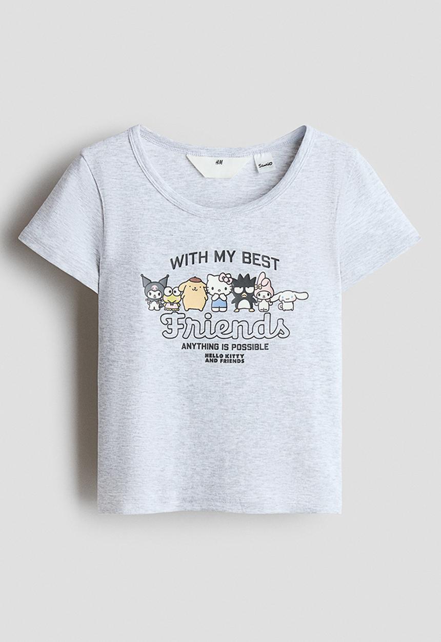 H&M - Print-motif cotton jersey top - light grey marl/hello kitty