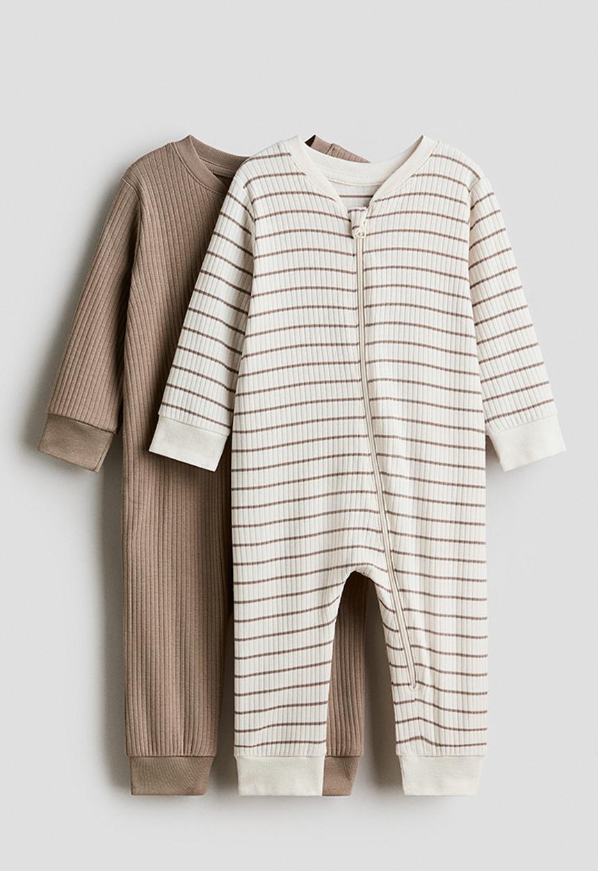 H&M - 2-Pack cotton sleepsuits - dark beige/striped