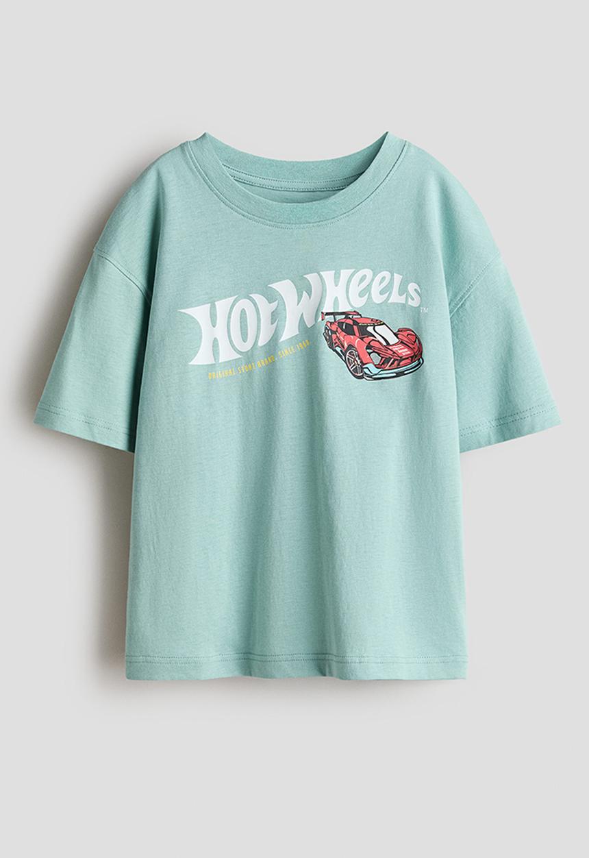 H&M - Printed cotton T-shirt - dusty turquoise/hot wheels