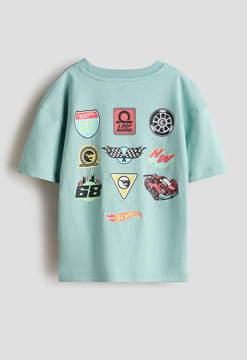 H&M - Printed cotton T-shirt - dusty turquoise/hot wheels
