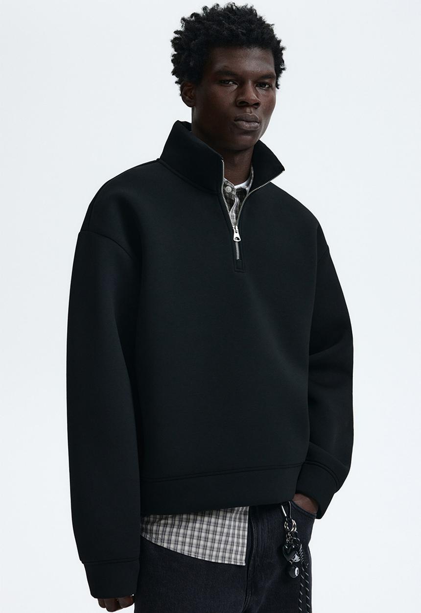 H&M - Loose fit zip-top scuba sweatshirt - black