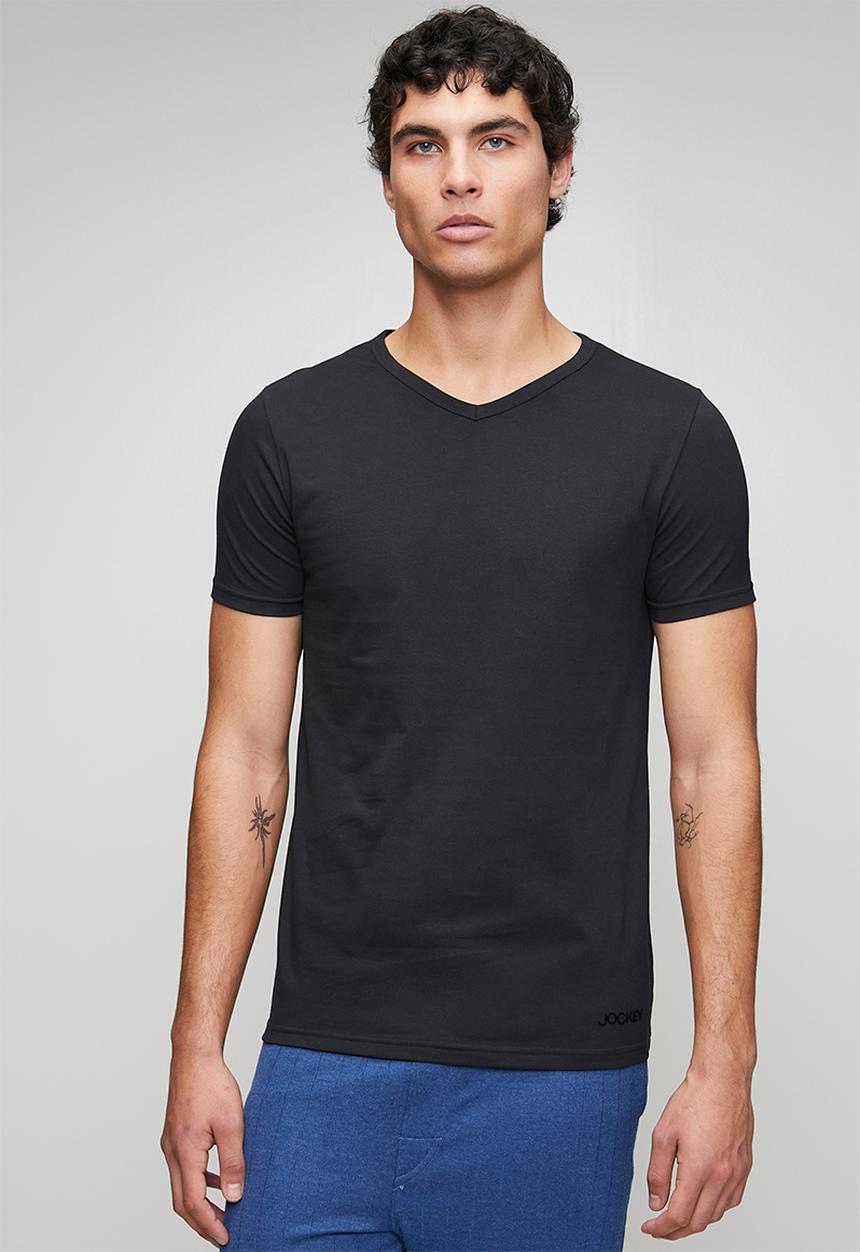 Jockey - 1Pk Jockey Mens Plain Classic Cotton Stretch S/Slve V Neck Undershirt With Vinyl Branding - Black