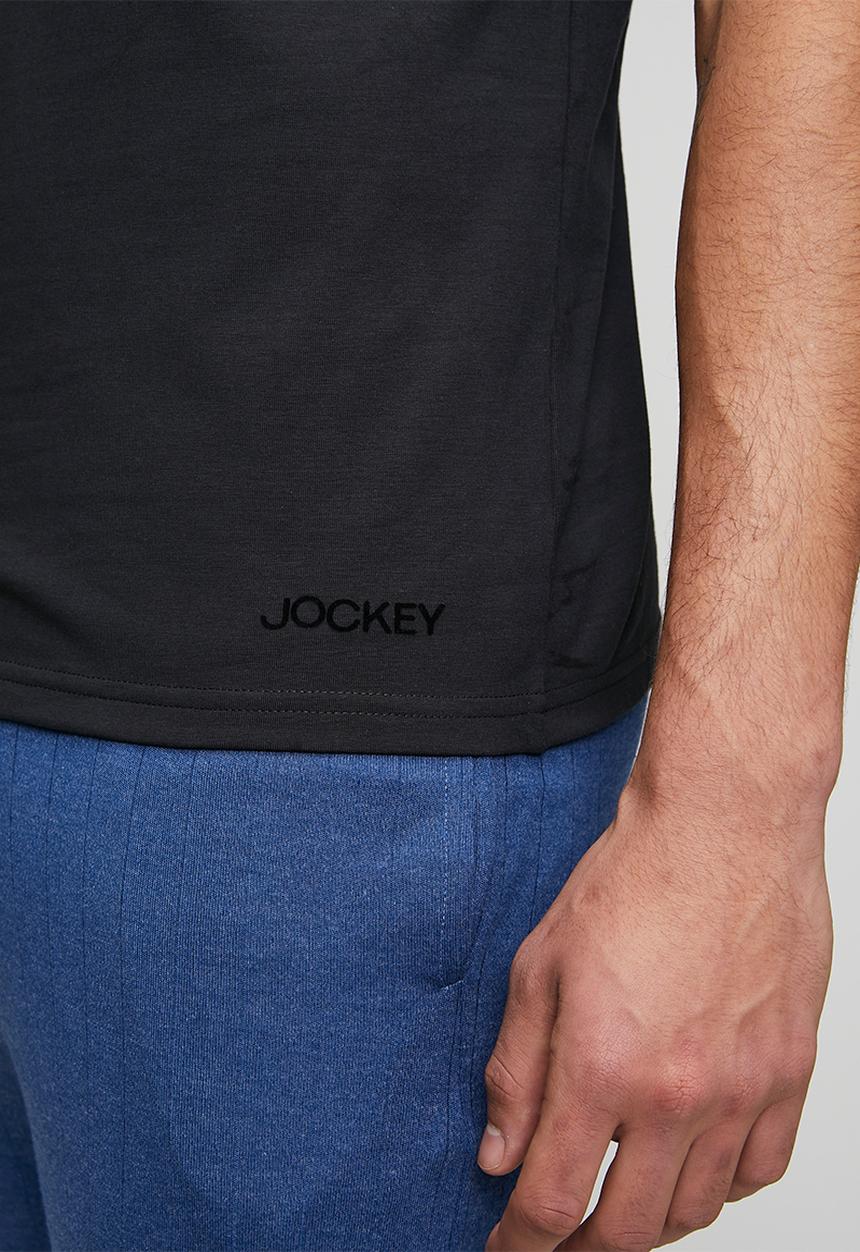 Jockey - 1Pk Jockey Mens Plain Classic Cotton Stretch S/Slve V Neck Undershirt With Vinyl Branding - Black