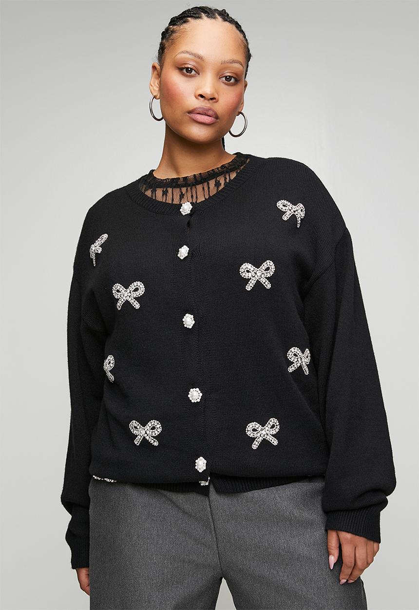 Me&B - Plus Heavyweight Cardigan in 3D Bows - Black