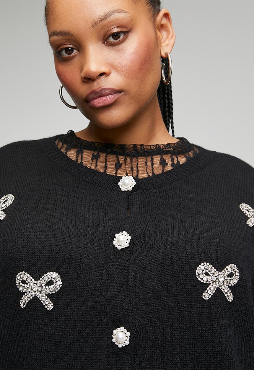 Me&B - Plus Heavyweight Cardigan in 3D Bows - Black