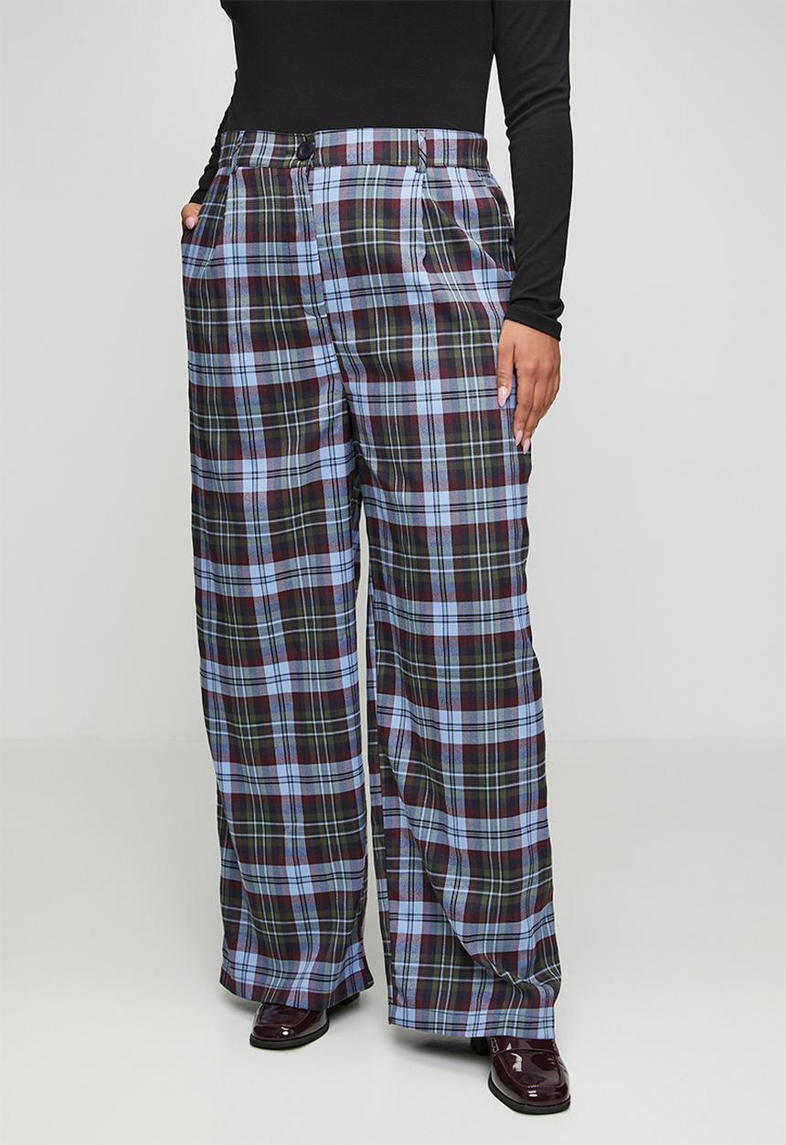 Me&B - Plus Check Straight Leg Trousers - Burg/Green
