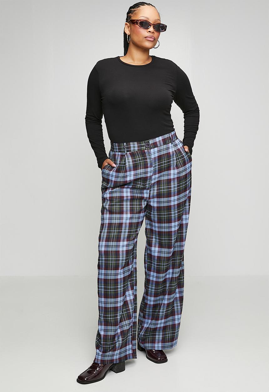 Me&B - Plus Check Straight Leg Trousers - Burg/Green