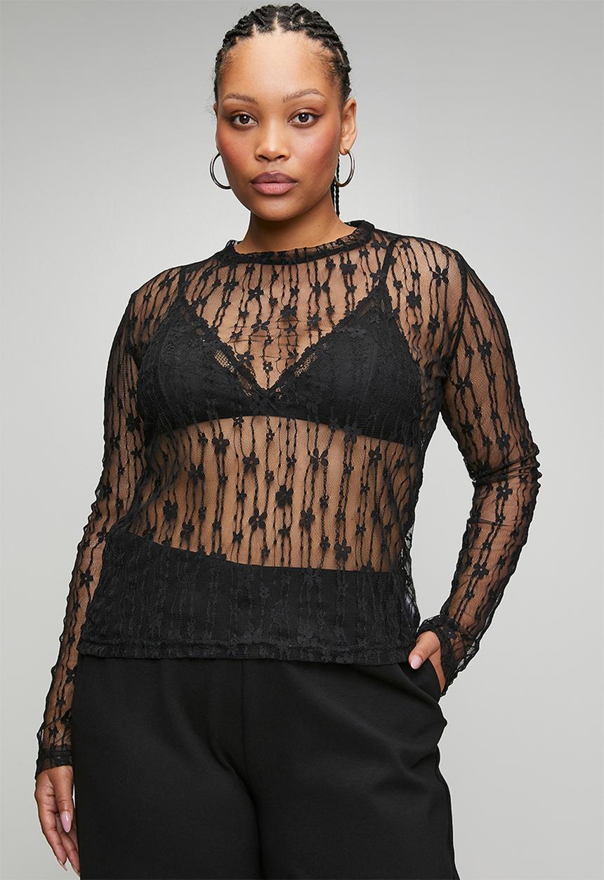 Me&B - Plus Longsleeve Top Flower Lace - Black