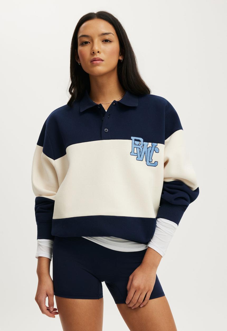 Cotton On - Plush Graphic Rugby Sweatshirt - Prep Sport Navy/Bwc