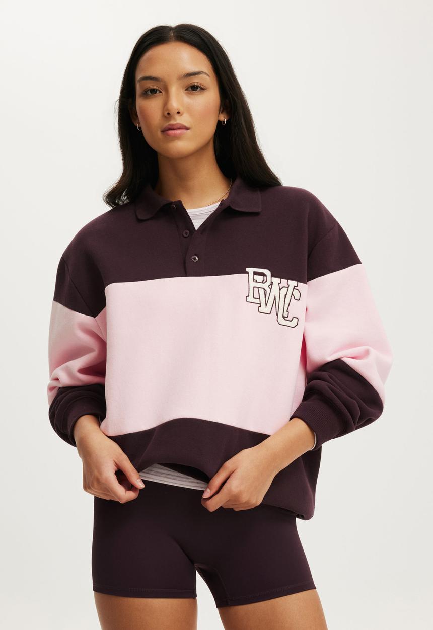 Cotton On - Plush Graphic Rugby Sweatshirt - Italian Plum/Bwc