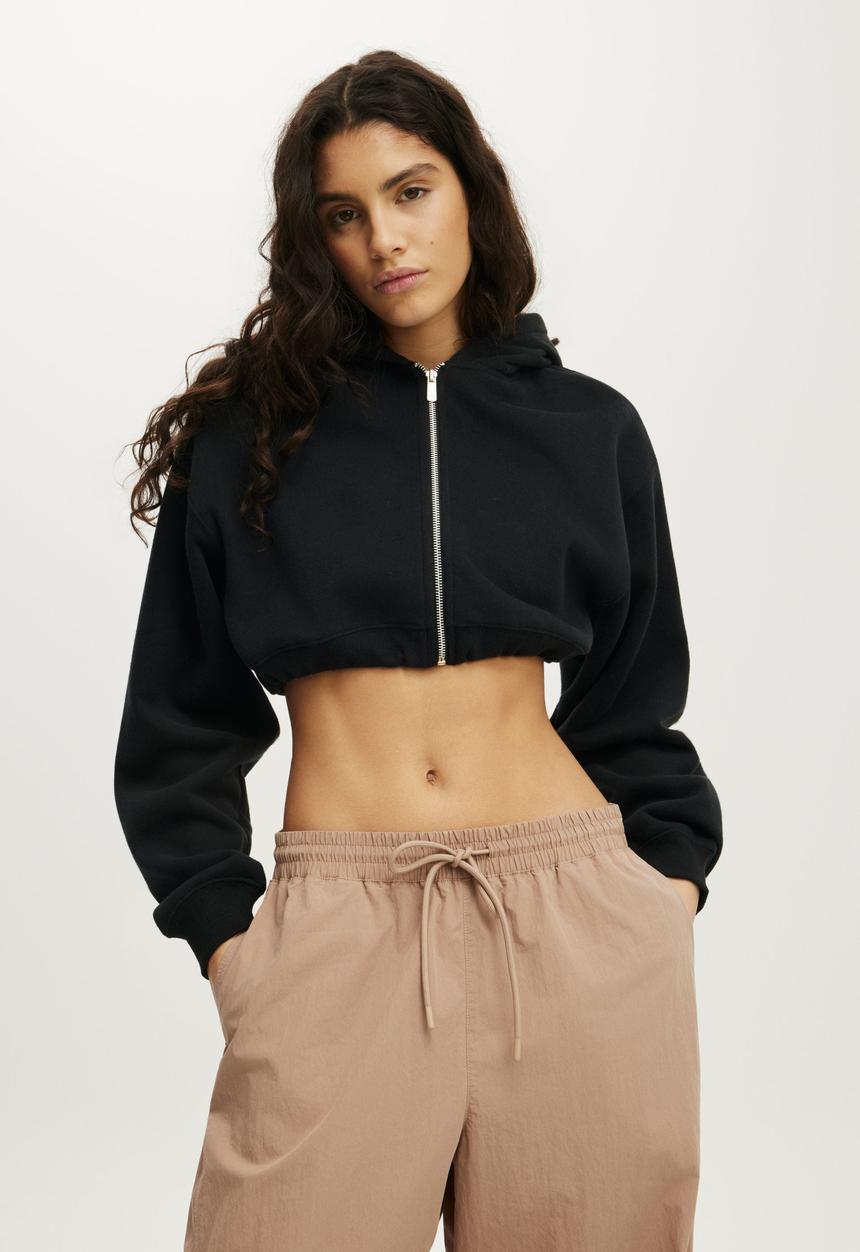 Cotton On - Plush Micro Cropped Zip Through - Black