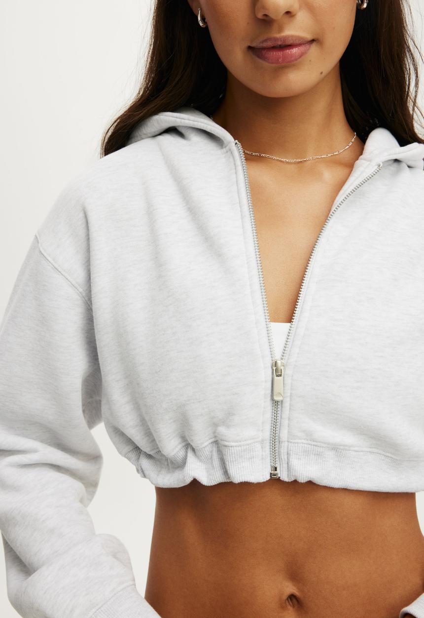 Cotton On - Plush Micro Cropped Zip Through - Cloudy Grey Marle