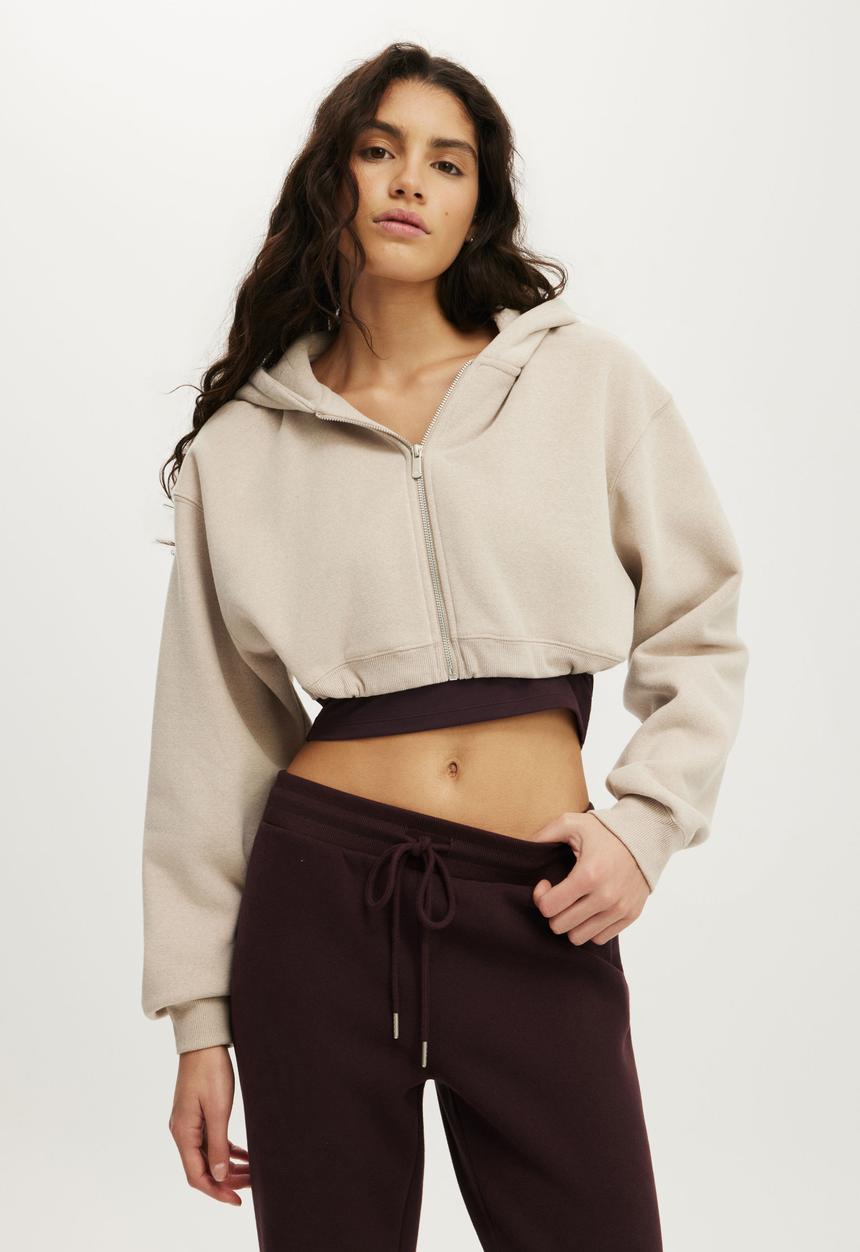 Cotton On - Plush Micro Cropped Zip Through - Sesame Marle
