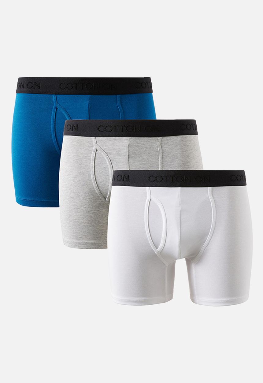 Cotton On - 3 pack mens organic cotton boxer brief-light grey marle/rave blue/whit
