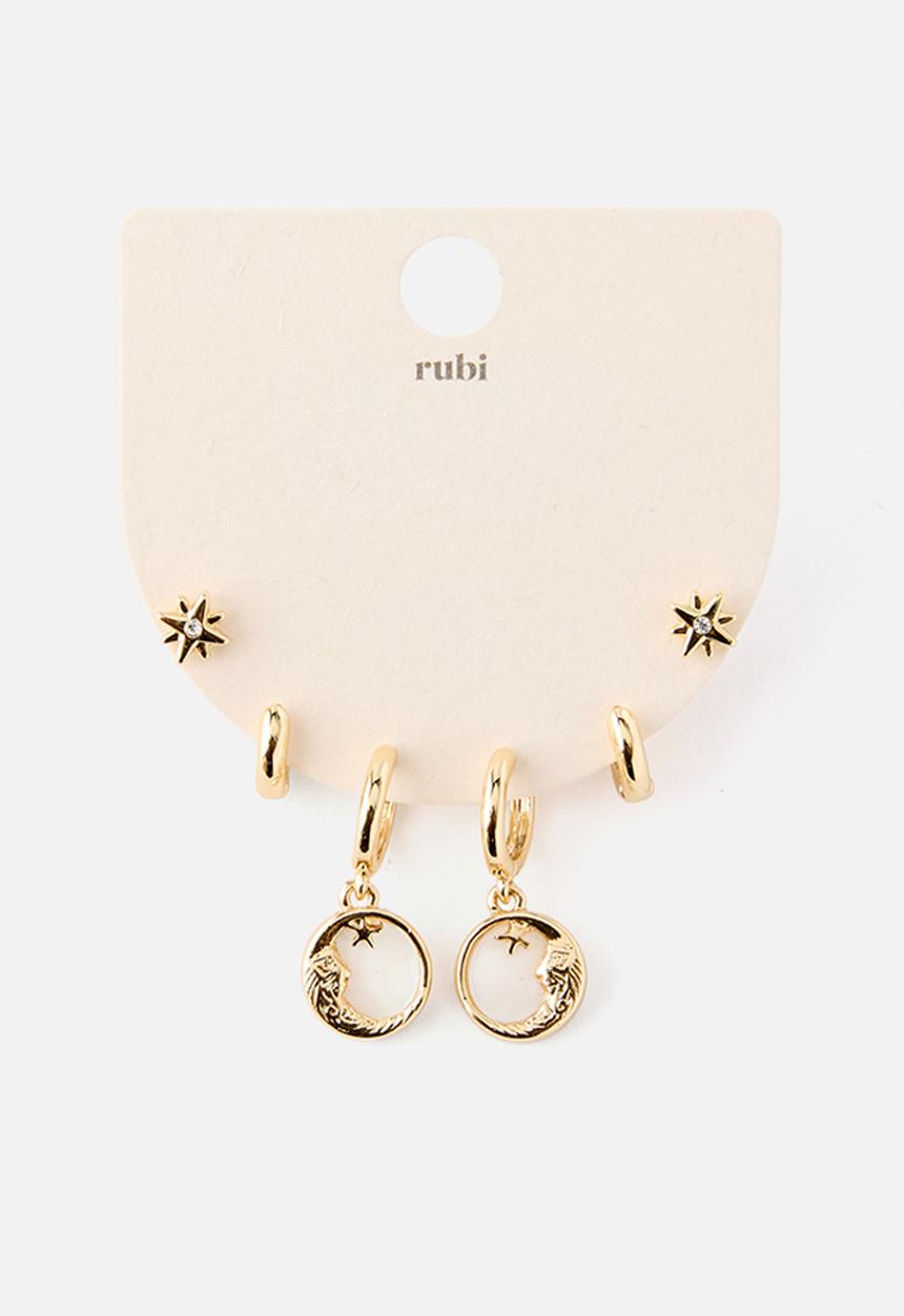 Rubi - 3Pk Mid Earring - Up Gold Pearlescent Moon