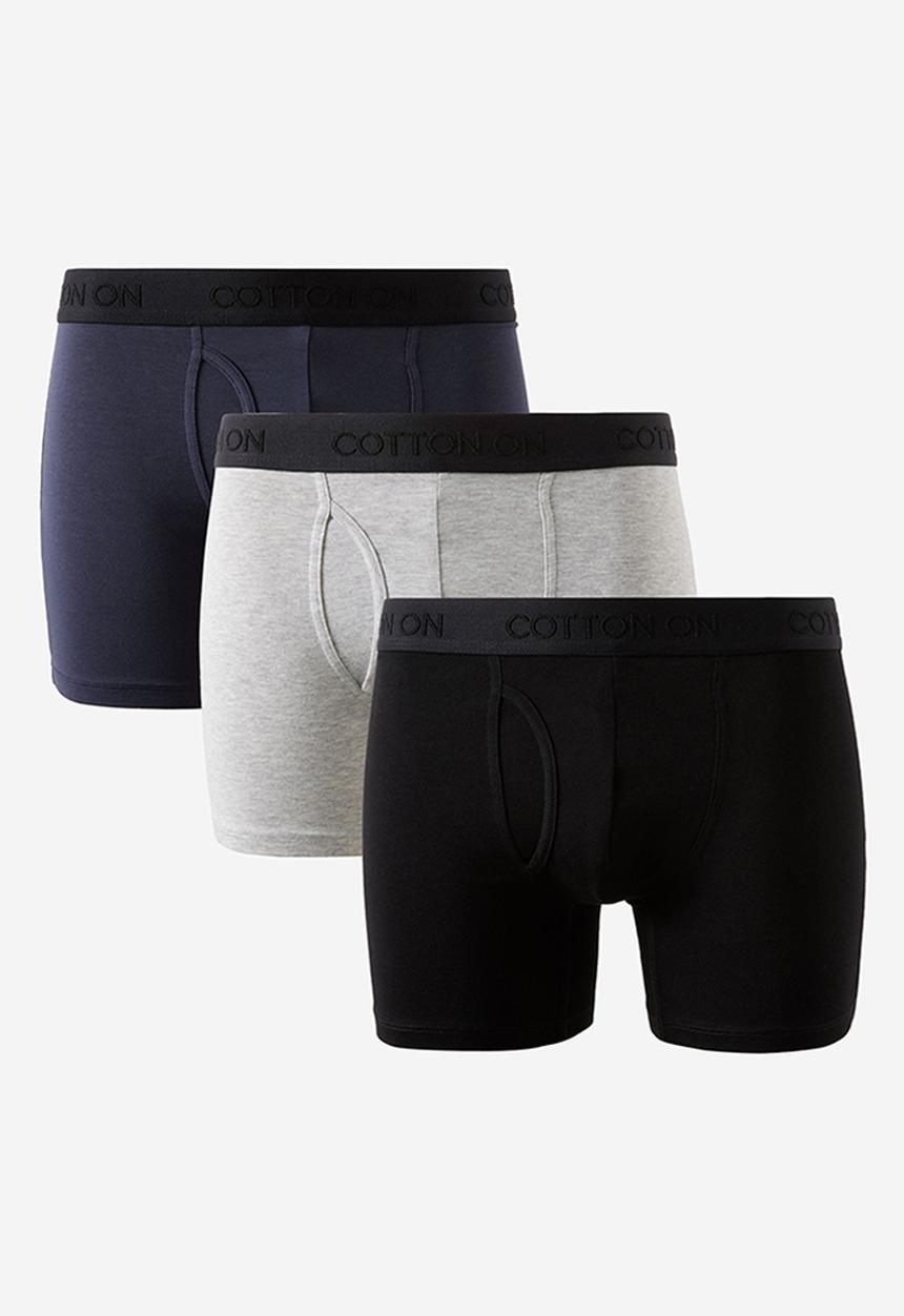 Cotton On - 3 Pack Mens Organic Cotton Boxer Brief - Navy/Light Grey Marle/Black