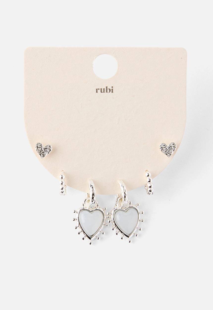 Rubi - 3 Pack Mid Earring - Up Silver Dotted Heart Stone