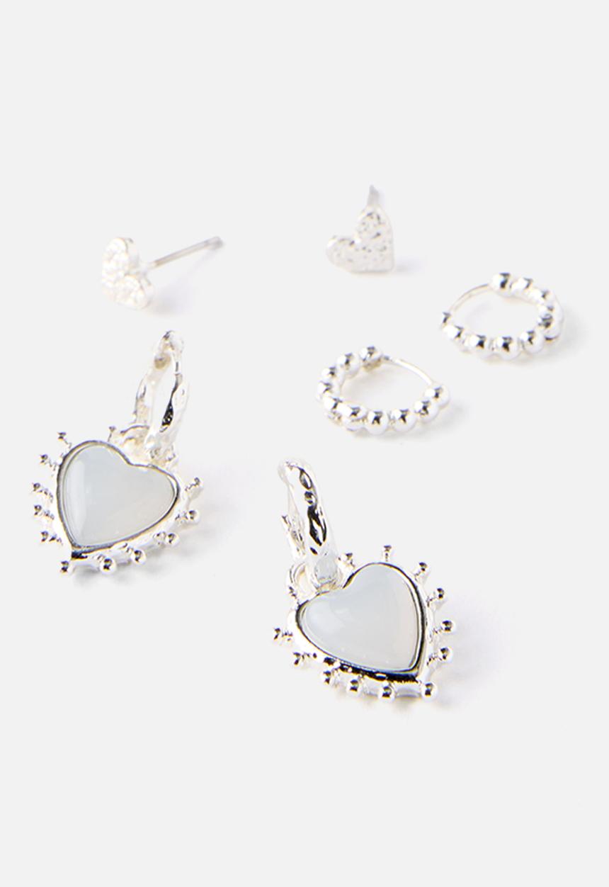 Rubi - 3 Pack Mid Earring - Up Silver Dotted Heart Stone