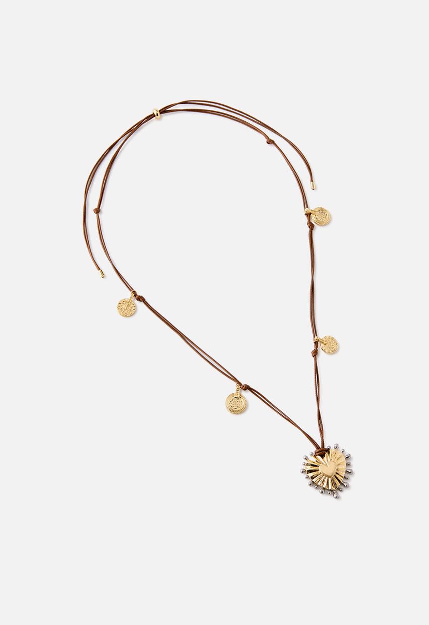 Rubi - Cord Pendant Necklace - Up Gold Bursting Heart Brown